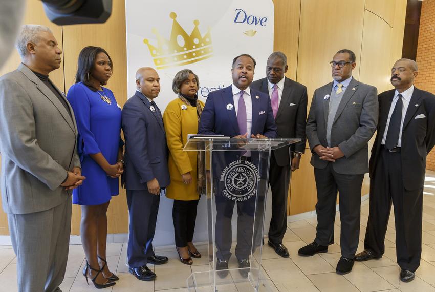 Members of the Texas Legislative Black Caucus at a press conference supporting the CROWN Act in Houston on Feb. 6, 2020.