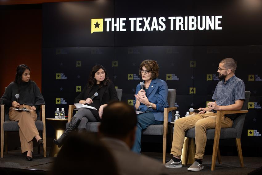 The Texas Tribune hosted an event conversation on how new laws are affecting Texas community colleges, at Studio 919 on Jan. 24, 2024. From left: moderator and Tribune education reporter Sneha Dey; Denisa Gándara, assistant professor of educational leadership and policy at University of Texas at Austin; Brenda Hellyer, chancellor of San Jacinto College and member of the Texas Commission on Community College Finance; and Julian Cotto, recent graduate of Austin Community College and 2023 Chancellor Student Achievement Award winner.