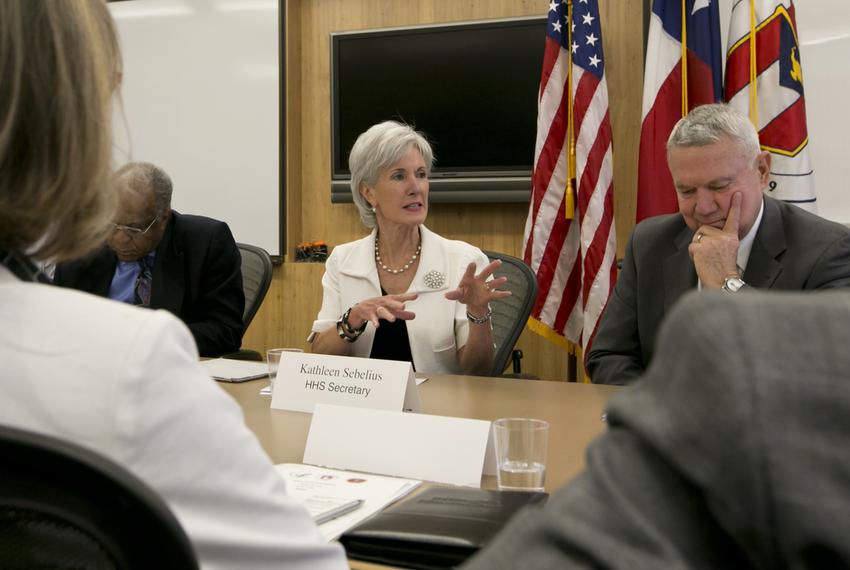 U.S. Health and Human Services Secretary Kathleen Sebelius met in Austin with leaders from the health care industry to discuss the Affordable Care Act on Aug. 8, 2013.