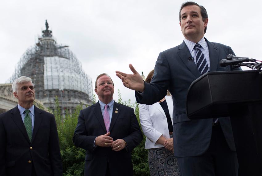 Joined by Dave McIntosh (left), the president of the Washington, D.C-based Club for Growth, and U.S. Rep. Bill Flores, R-Bryan, U.S. Sen. Ted Cruz spoke at a July 15, 2015, news conference in front the U.S. Capitol to call on U.S. House and Senate leaders to eliminate any path for the reauthorization of the Export-Import Bank.