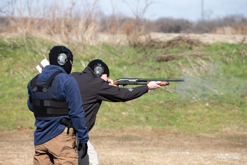 A member of a church security team fires at a target at a shooting range in Krugerville. Various church security teams are training for active shooter situations with the National Organization of Church Security and Safety Management.