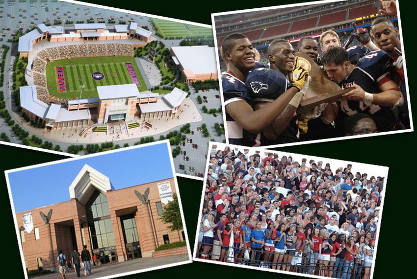 Clockwise from top left: an architect's rendering of the new stadium; Allen players after the 2008 state championship in Houston; Allen students at a game in the current stadium; the front of Allen High.