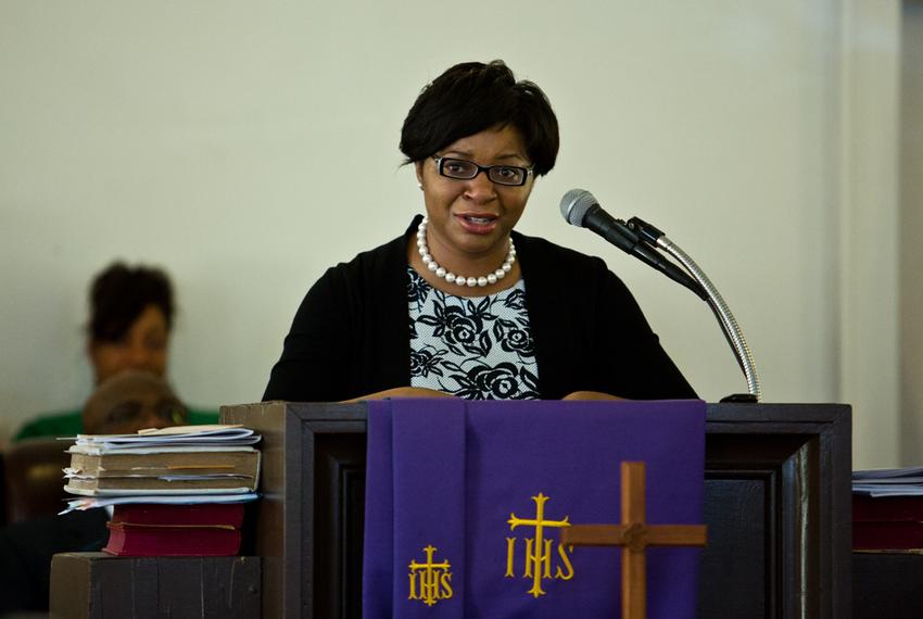 Sharon Cooper speaks at the memorial for her sister, Sandra Bland, at Hope AME Church in Prairie View, Texas, on July 19, 2015.