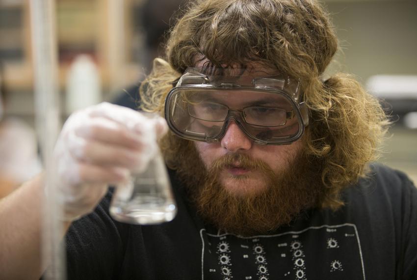 Texas Science Scholar Wesley Powers, a junior chemistry major from Midland, Texas, works on a 3-hour-long lab experiment at the University of Texas of the Permian Basin in Odessa, Texas. Powers is obtaining his chemistry degree in order to attend pharmacy school.