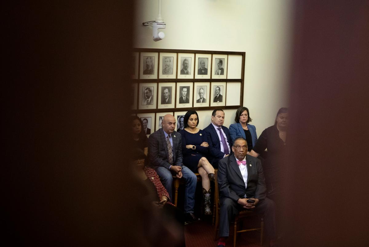Democratic lawmakers met in the Speaker's Committee Room during a break in the session on May 30, 2021.