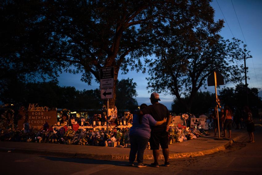 Visitors pay their respects at Robb Elementary School in Uvalde on June 2, 2022. Twenty-one people, including 19 children, w…