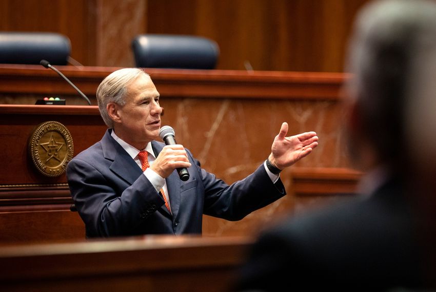 Gov. Greg Abbott delivers a speech at the swearing-in ceremony of Justice Brett Busby on March 20, 2019.