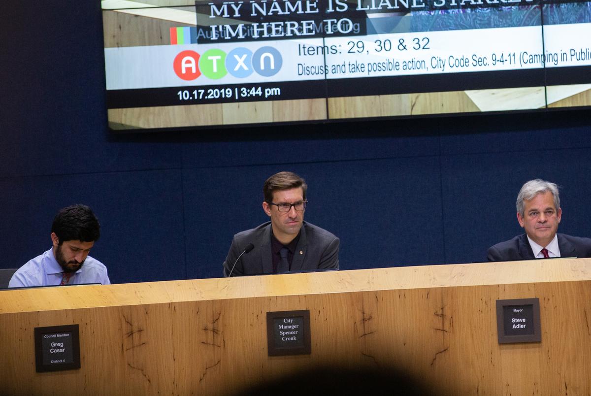From left: Austin Council Member Greg Casar, City Manager Spencer Cronk, Mayor Steve Adler, and City Attorney Anne Morgan listen to testimony during a city council meeting on Oct. 17, 2019.