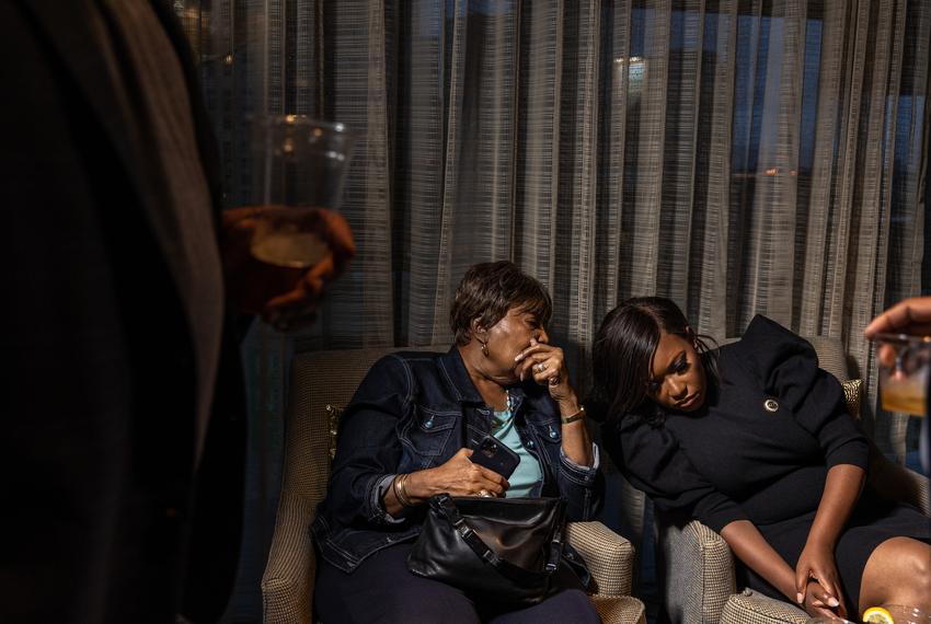 Congresswoman Eddie Bernice Johnson talks to District 30 Democratic candidate Jasmine Crockett at Crockett’s election night watch party in Dallas, TX on May 24, 2022.