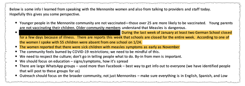 A Feb. 3 email from Katherine Wells to a Texas state health official, Imelda Garcia, warning of a far larger measles outbreak than case numbers suggested. KFF Health News obtained emails through Freedom of Information Act requests to local health departments. The emails have been redacted to protect the privacy of individuals and facilities.