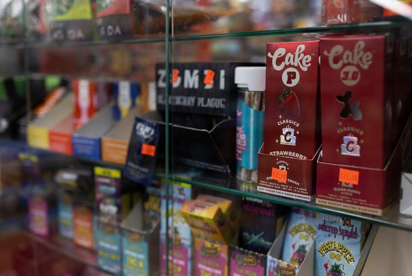 THC products sit near the cash register in Hyde Park Market in Austin on May 5, 2025.