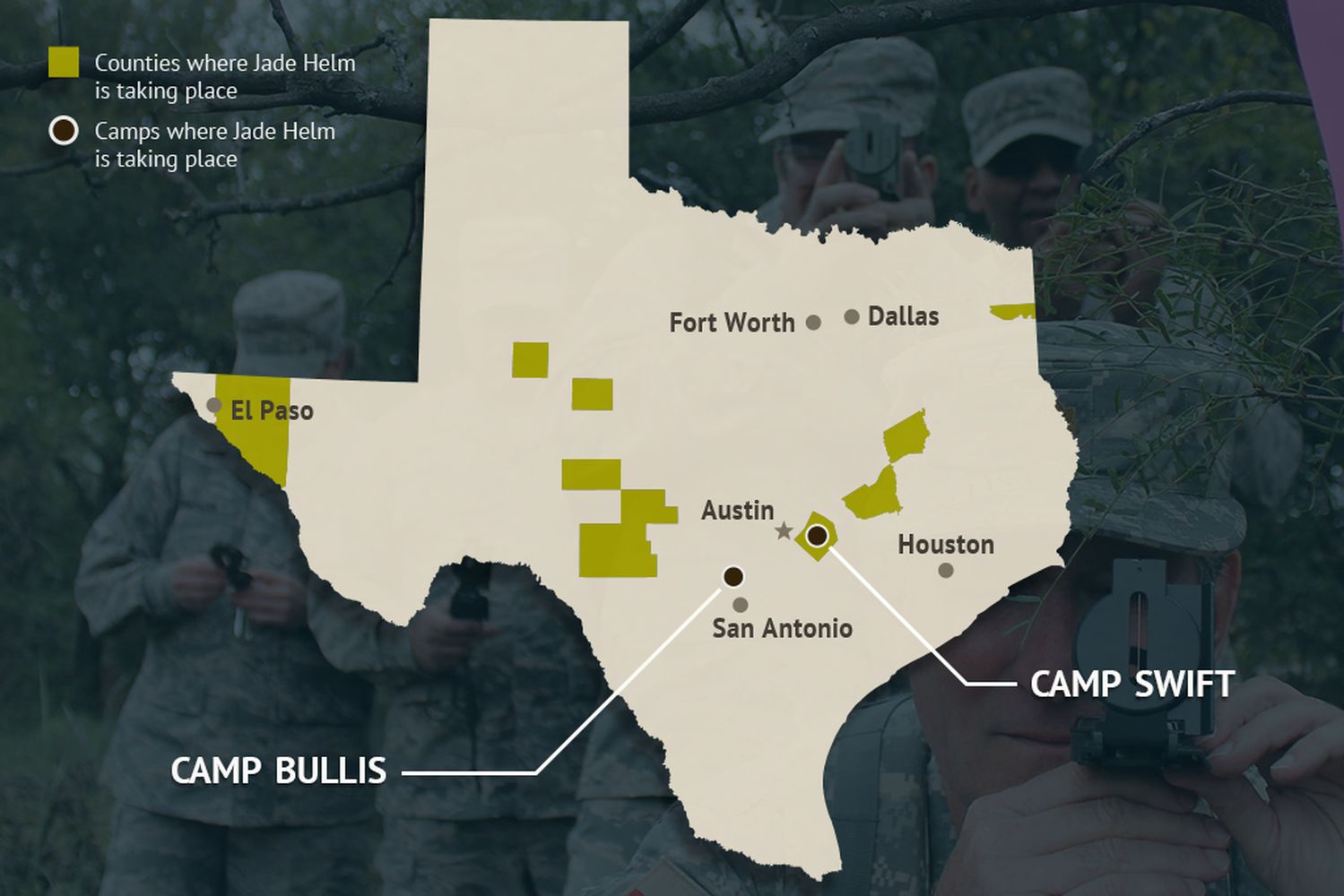 Operation Jade Helm 15, a military training exercise, began in the summer of 2015 in 12 Texas counties: Bastrop, Burleson, Brazos, Edwards, Howard, Hudspeth, Kimble, Martin, Marion, Real, Schleicher and Tom Green. It was also set to take place at Camp Bullis in San Antonio and Camp Swift in Bastrop County.