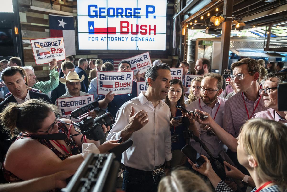 Texas Land Commissioner George P Bush speaks to reporters at an event inside Buford's Bar in Austin, TX on Wednesday, June 2, 2021. George P Bush announced his candidacy for Texas Attorney General, challenging Ken Paxton who Bush says is corrupt. George P Bush has a supporter in former President Donald Trump which may help boost his campaign among Texas republicans.