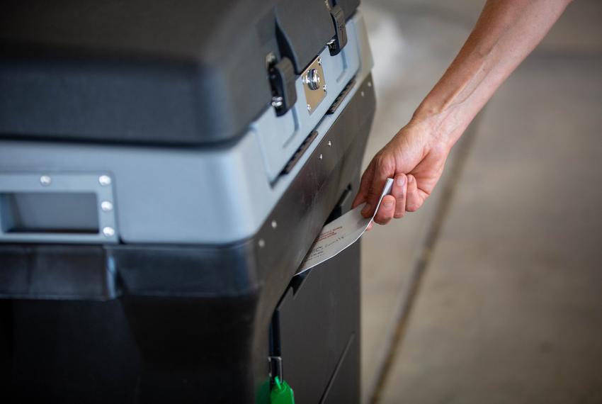 A ballot drop-off location in Austin on Oct. 1, 2020, where voters can safely hand deliver their ballots by Election Day.