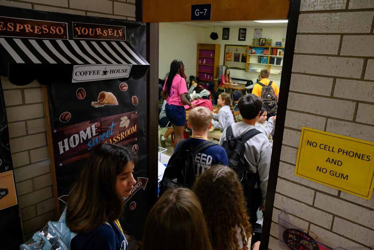 Nimitz Middle School students line up to enter their next class Wednesday, Sept. 13, 2023 in Odessa.