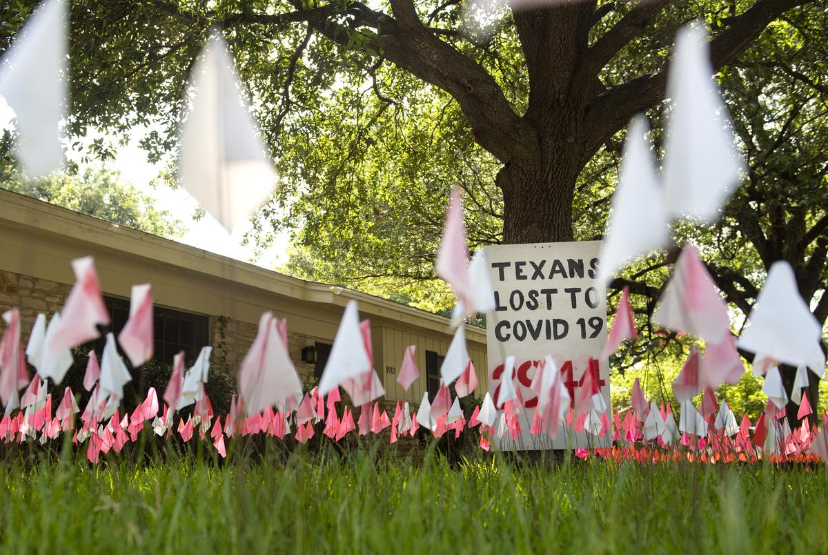Flags representing the Texans who have died because of COVID-19 are placed outside of a North Austin home on July 10, 2020 in Austin.