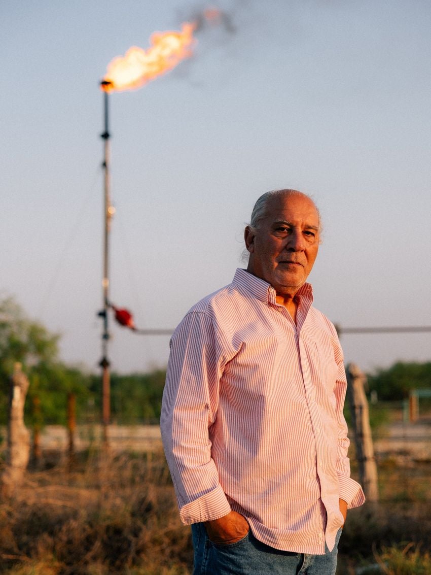 Hakim Dermish poses for a portrait in front of a flare stack burning excess gas from an oil rig in Catarina, Texas on Mon, May 20, 2025.
He and other community members in this tiny town surrounded by oil and gas extraction has complained about the negative effects that these drilling operations have had on their daily lives.