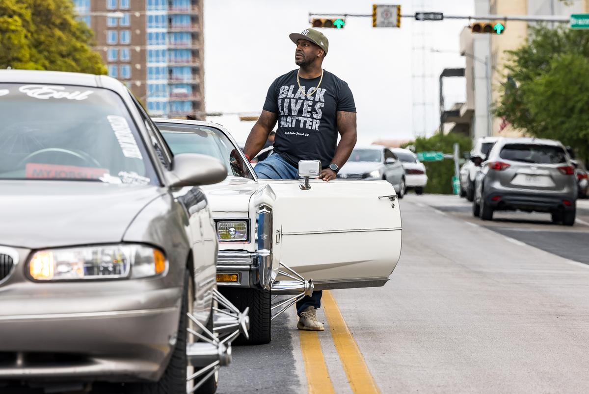 A group of “SLAB Riders” from Houston drove to the Texas Capitol in Austin to participate in a rally in support of the George Floyd Act, which seeks to reform policing in Texas, on April 3, 2021.