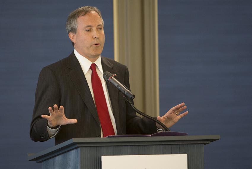 Texas Attorney General Ken Paxton speaking at the Texas Public Policy Foundation's opening of its new building on April 21, 2015.