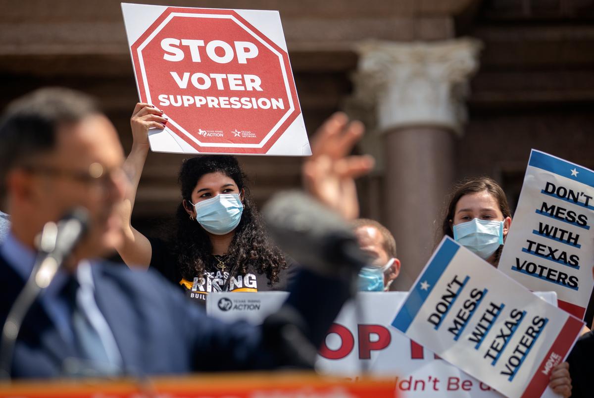 Hundreds of people joined the “Texans Rally for Our Voting Rights” event to speak out against restrictive voting bills at the Texas Capitol in Austin on May 8, 2021.