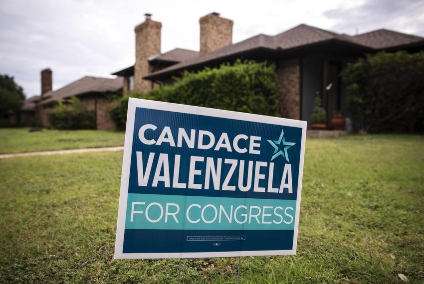 A campaign sign outside of candidate Candace Valenzuela's home in Dallas on July 29, 2020. Valenzuela is running for Texas' 24th Congressional District.