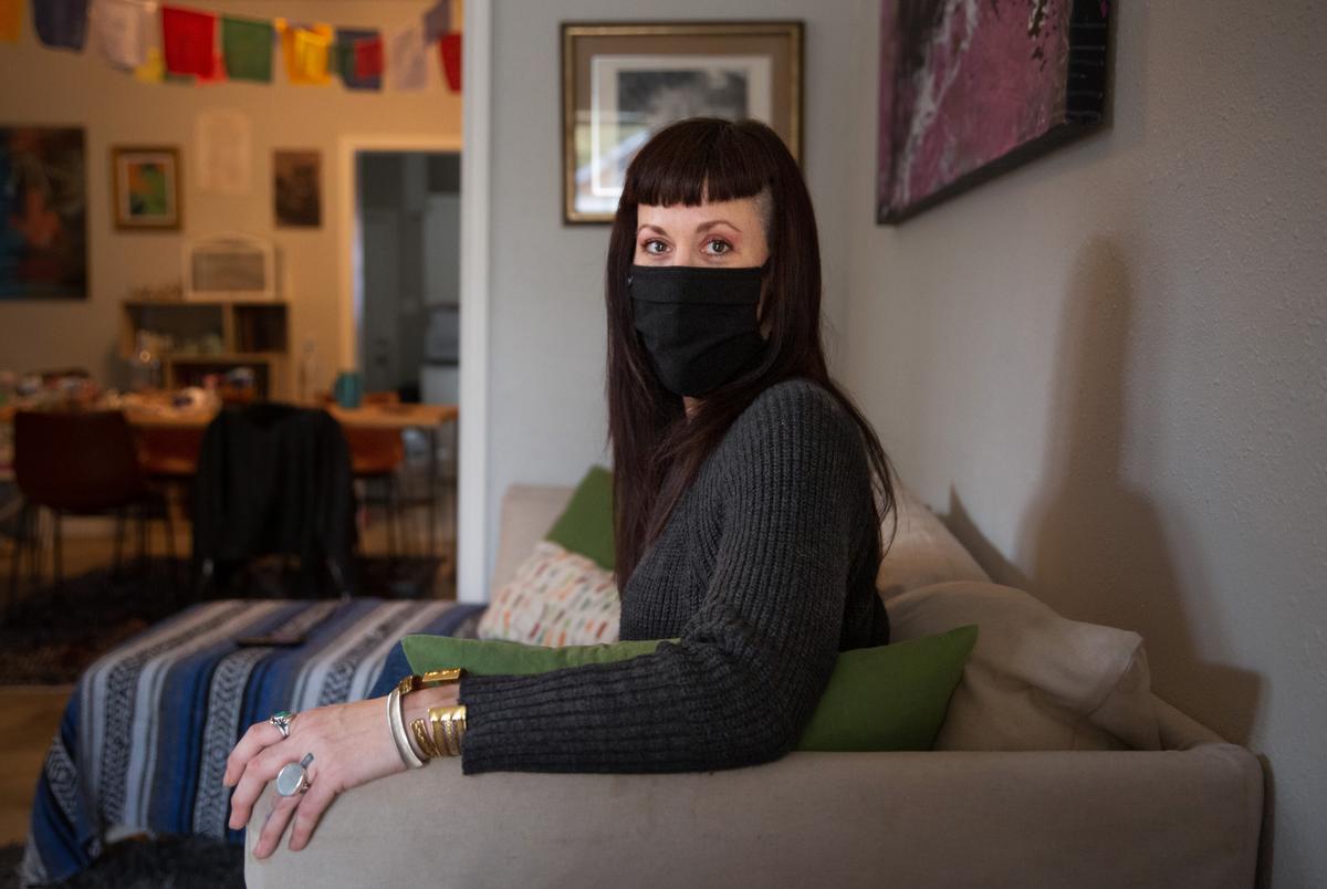 Cate Puckett in her Houston home on Dec. 14, 2020. She is one of many Texans legally fighting against eviction as the CDC moratorium expires at the end of the month.