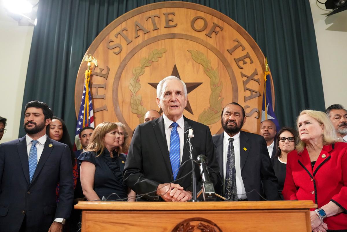U.S. Rep. Lloyd Doggett of Austin speaks during a press conference with Texas Democratic leaders  at the Texas Capitol on July 31, 2025.   Democrats are fighting mid-decade Republican  redistricting efforts influenced by President Donald Trump.  Left to right are U.S. Representatives Lloyd Doggett of Austin, Greg Casar of Austin, Lizzie Fletcher of Houston, Al Green of Houston and Sylvia Garcia of Houston.