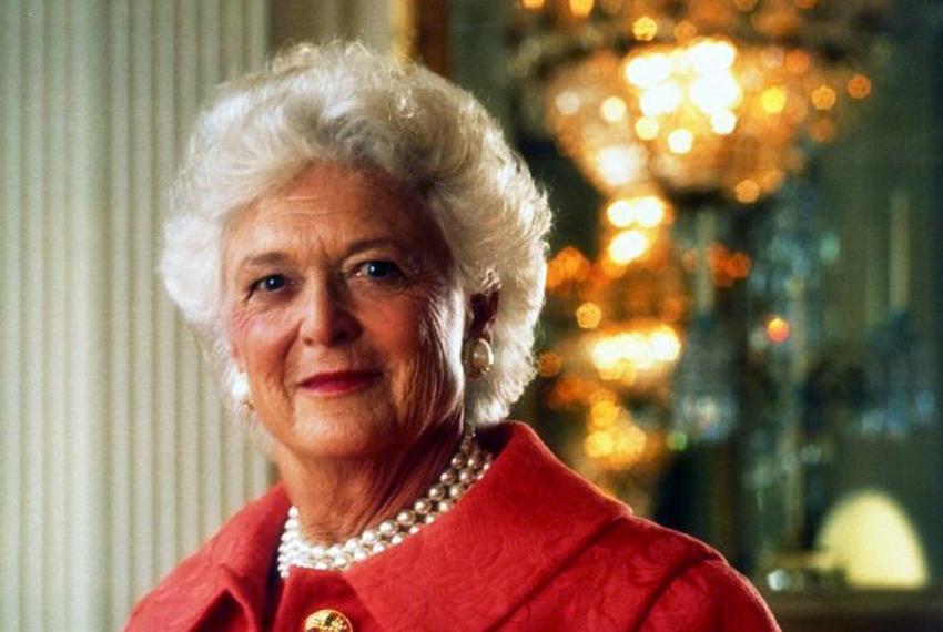 Former First Lady Barbara Bush in the White House East Room for an official White House portrait, January 1992.