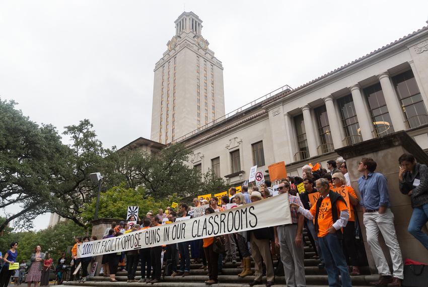 On Nov. 10, 2015, University of Texas at Austin faculty and students protested the new campus carry law that will allow concealed handgun license holders to carry handguns into campus buildings.