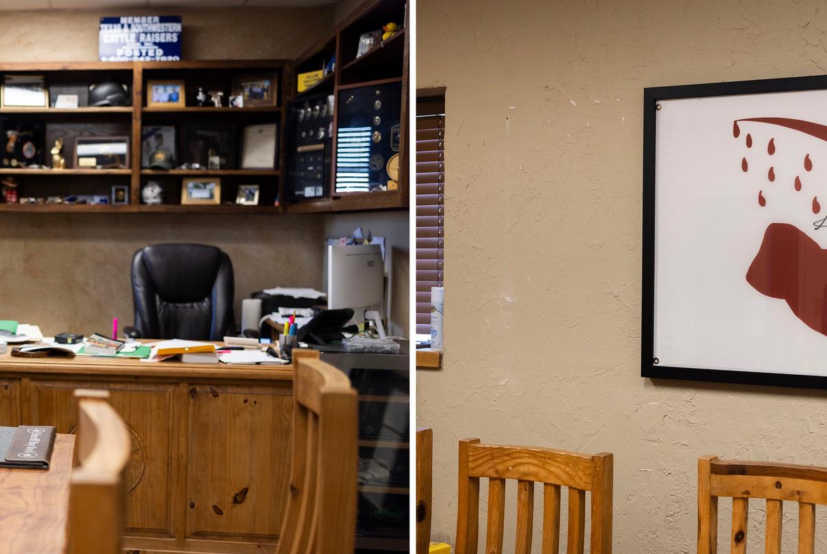 Left: Sheriff Roy Boyd at a table in his office in Goliad County. Right: Boyd has a Dimmit Flag — a flag raised in Goliad during the Texas Revolution — signed by Gov. Abbott hanging in his office.