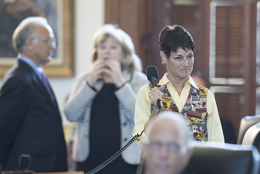 State Sen. Donna Campbell, R-New Braunfels, answers questions from Sen. Carlos Uresti, D-San Antonio, about Senate Bill 6, the municipal annexation bill that would require citizen elections for cities to annex adjacent property, on Aug. 13, 2017.&nbsp;