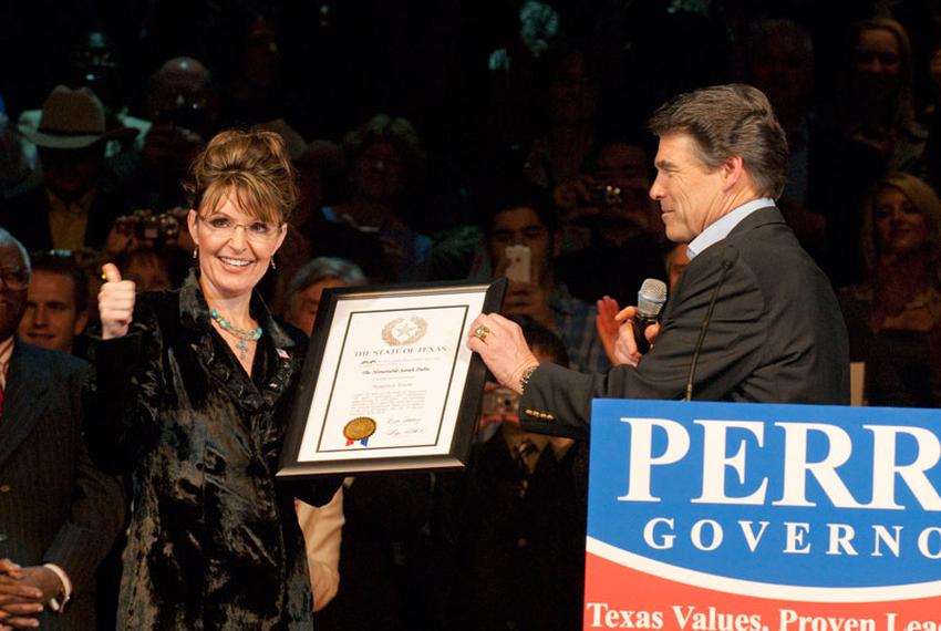 Former Alaska Gov. Sarah Palin at a campaign event for Gov. Rick Perry in 2010.