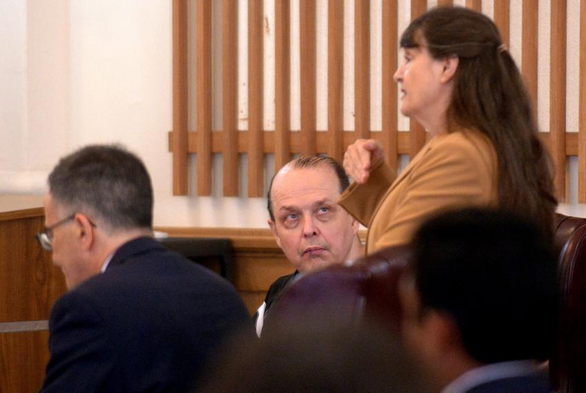 Robert Roberson listens as his lawyers plead his case on July 16, 2025. A new execution date of Oct. 16, 2025 was set by presiding Judge Austin Jackson of Smith County at the Anderson County Courthouse in Palestine.