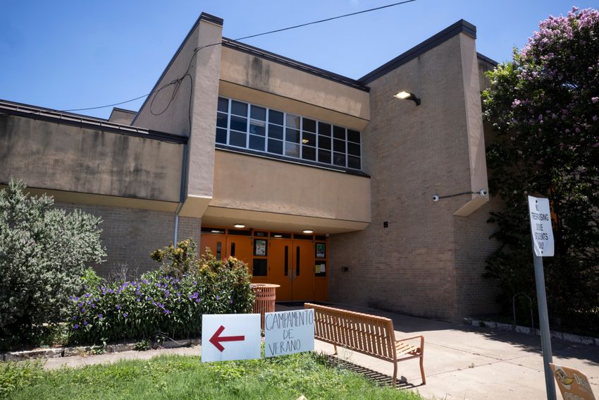 AUSTIN, TEXAS - July 23, 2025: The exterior of Dobie Middle School. Austin Voices for Education and Youth, hosts a summer camp at the Dobie Middle School for students that attend the three Austin ISD schools at risk of closure. Ilana Panich-Linsman for The Texas Tribune