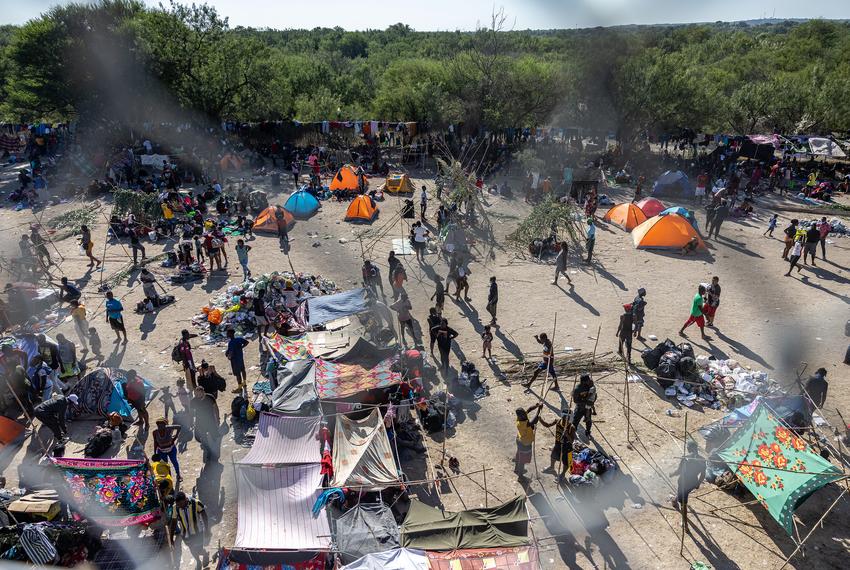 Makeshift shelters at a temporary migrant camp under the international bridge in Del Rio on Sept. 17, 2021.