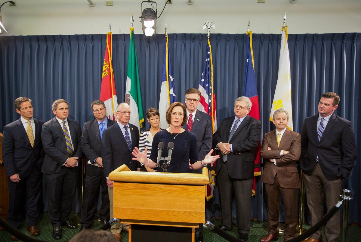 Sen. Lois Kolkhorst, R-Brenham, speaks during a press conference, along with Lt. Gov. Dan Patrick, on SB 6 The Texas Privacy Act, also known as the "bathroom bill," on Feb. 6, 2017, at the Texas Capitol in Austin.