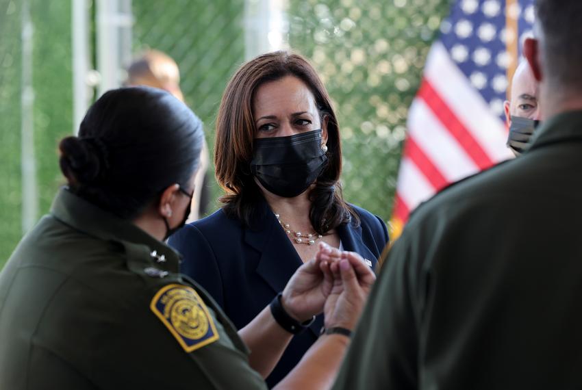 U.S. Vice President Kamala Harris spoke with members of the U.S. Border Patrol as she visited an El Paso central processing center on June 25, 2021.