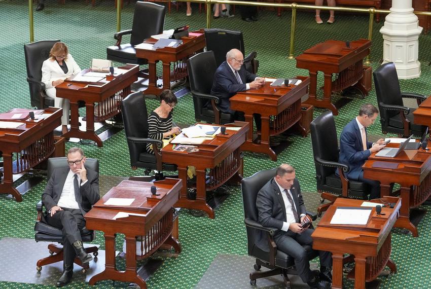 Texas state senators take care of business at their desks during floor debate on SB5 the THC regulation bill on Wednesday, July 30, 2025.  Clockwise from upper left are Sen. Joan Huffman, R-Houston, Sen. Robert Nichols, R-Jacksonville, Sen. Nathan Johnson, D-Dallas, Sen. Adam Hinojosa, D-Corpus Christi, Sen Charles Schwertner, R-Georgetown and Sen. Donna Campbell, R-New Braunfels.