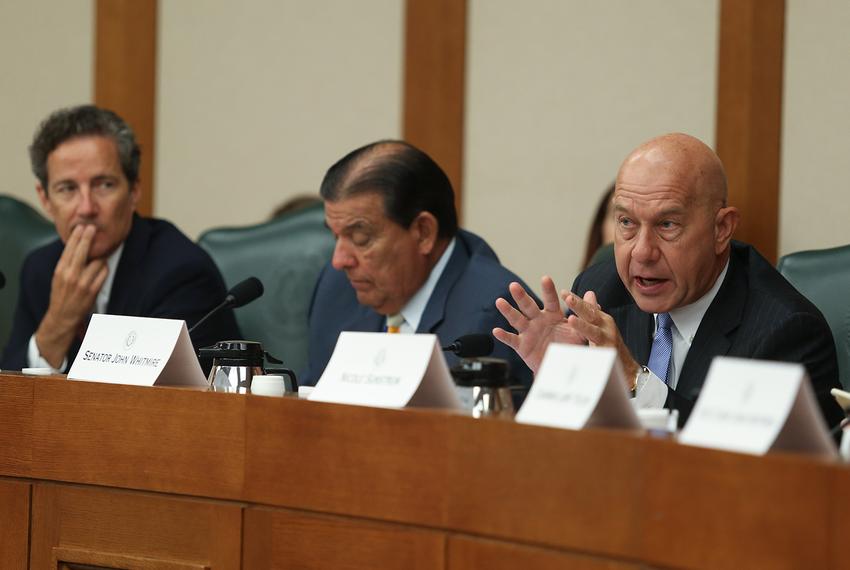 Left to right: State Sens. Kelly Hancock, R-North Richland Hills, Eddie Lucio Jr., D-Brownville, and John Whitmire, D-Houston, at the second day of hearings held by the Senate Select Committee on Violence in Schools and School Security on June 12, 2018.