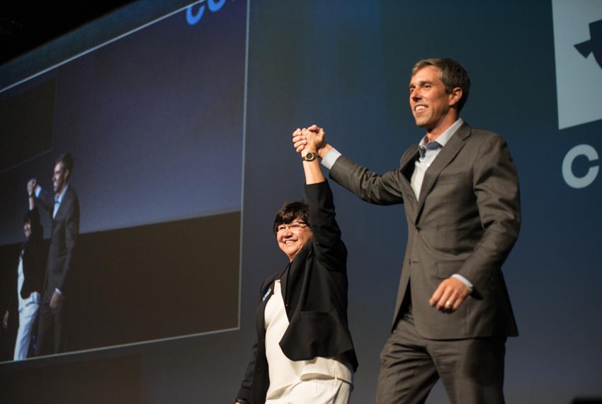 Lupe Valdez, Democratic candidate for governor, and U.S. Rep. Beto O'Rourke, D-El Paso, vying for the U.S. Senate, at the Texas Democratic Party convention in Fort Worth on June 23, 2018.