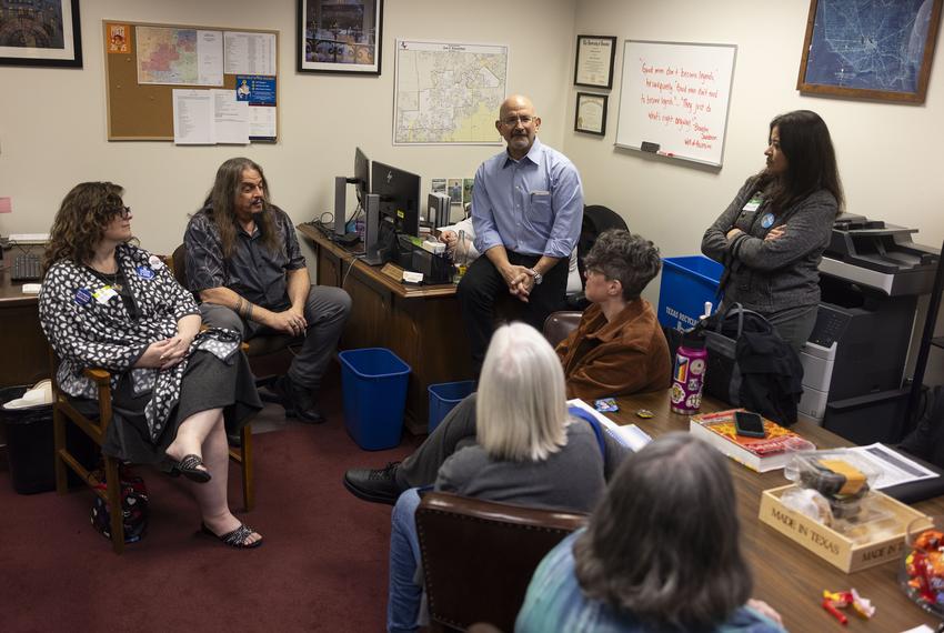 Members of an atheist and anti-Christian nationalism group speak with Rep. Jon E. Rosenthal, D-Houston, on Feb. 10, 2025.