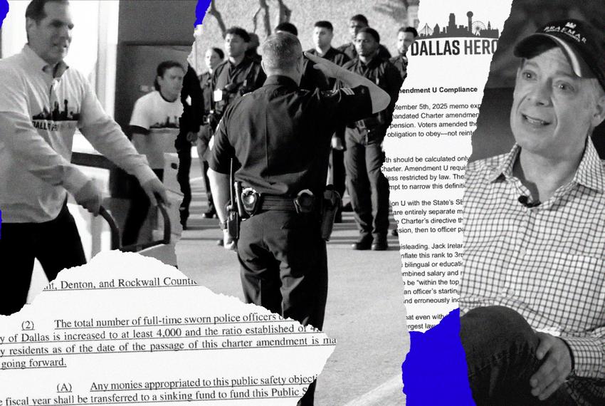 A photo collage showing Pete Marocco, Dallas police officers and Monty Bennett against clippings of Dallas HERO and the Dallas city charter.