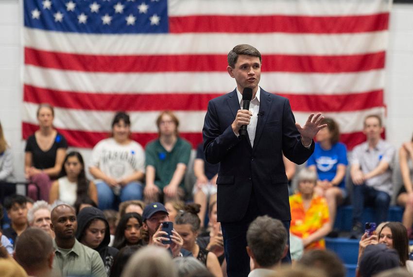 State Rep. James Talarico, D-Austin, speaks during a redistricting rally at Delco Activity Center in Austin on Friday, July 25, 2025.