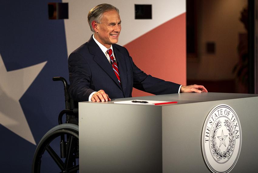 Texas Governor Greg Abbott smiles before a gubernatorial debate against his Democratic challenger Lupe Valdez at the LBJ Library in Austin, Texas, on Friday, Sept. 28, 2018.