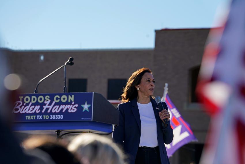 U.S. Democratic vice presidential nominee Senator Kamala Harris speaks during a campaign event in Edinburg on Oct. 30, 2020.