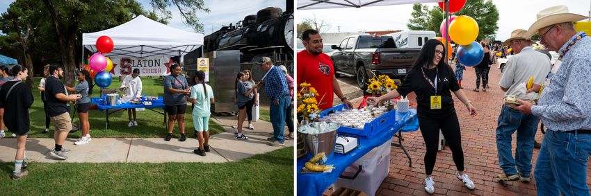 First: Volunteers from the Slaton Junior High cheer team pass out the Slaton Bakery’s strawberry banana pudding at the Texas Banana Pudding Festival. Next: Veronica Gonzales, center, and Brandon Livingston, left, hand out the bakery’s bourbon banana pudding.