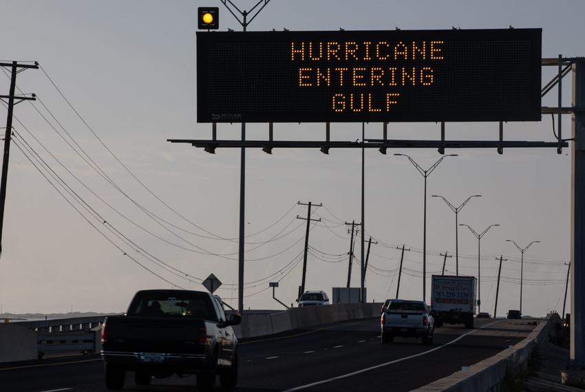 A sign near the JFK Causeway in Corpus Christi encourages traffic to prepare for a potential hurricane as Tropical Storm Beryl enters the Gulf of Mexico on Saturday, July 6, 2024.