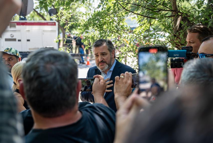 UVALDE, TX-MAY 25: U.S. Sen. Ted Cruz speaks to members of the media outside Robb Elementary School on Wednesday, May 25, 2022 in Uvalde, TX. Twenty one people were killed after a gunman after a high school student opened fire inside Robb Elementary School on Tuesday where two teachers and 19 students were killed.