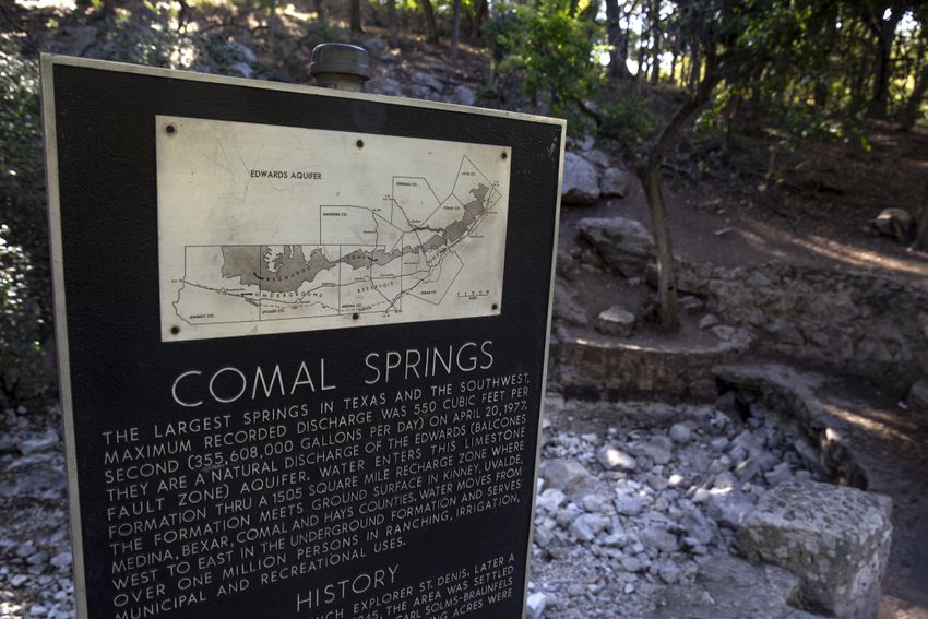 No water currently flows from the primary spring at Comal Springs in New Braunfels, Texas, usually the largest complex of springs in the Southwestern US. Photographed on Thursday, August 10, 2023.