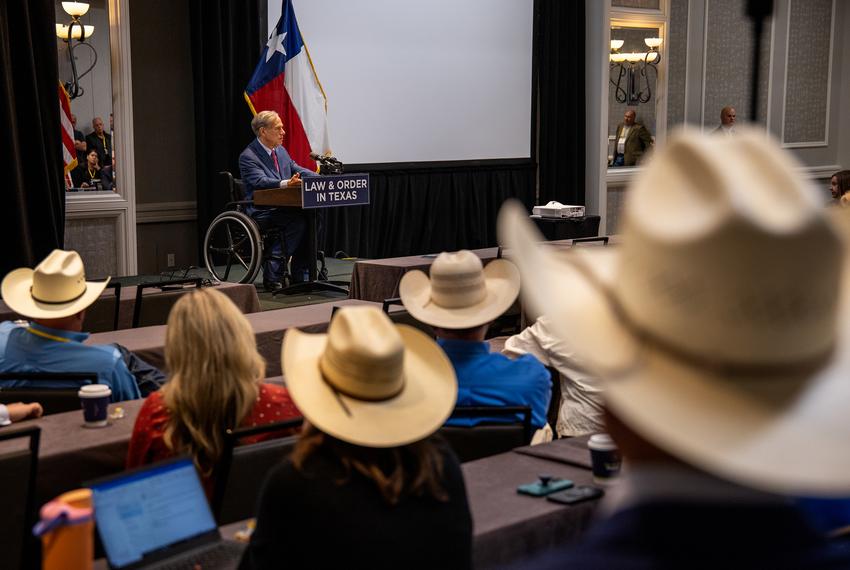 Gov. Greg Abbott addresses law enforcement officials during a Southwestern Border Sheriff’s Coalition event in Austin on April 29, 2025.